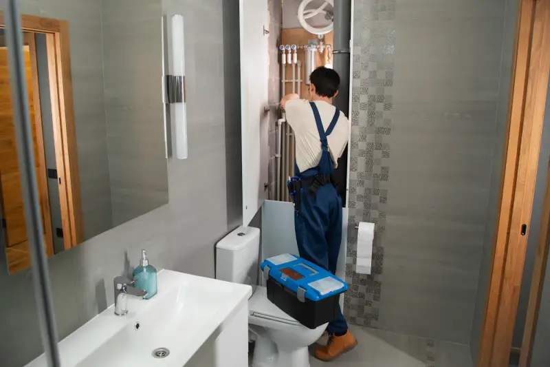 Technician with a tool case working in a bathroom