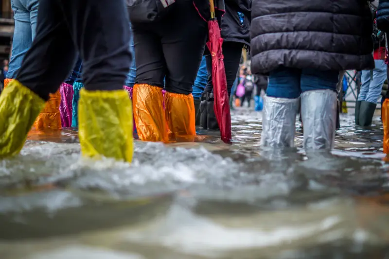 Workers in rubber boots wading through standing water