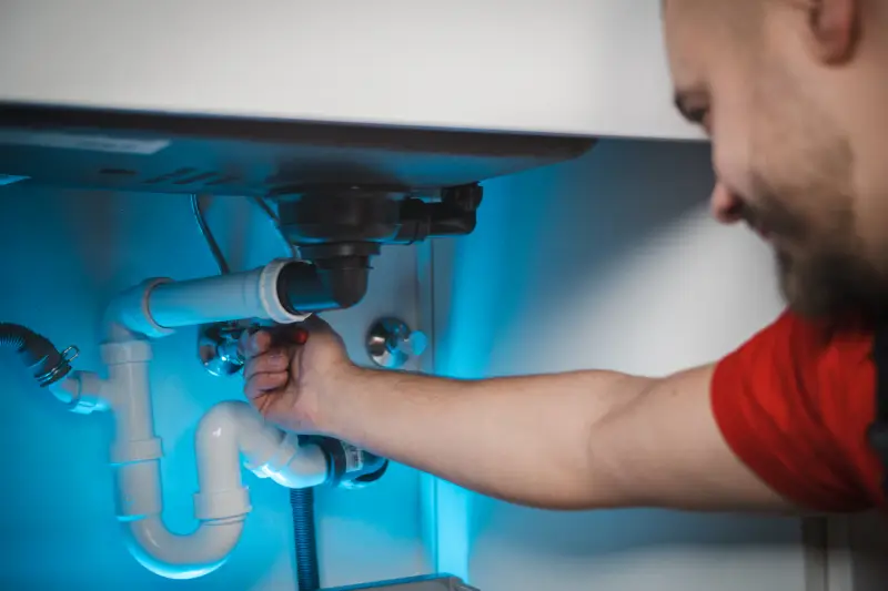 Technician repairing a drain pipe under a sink